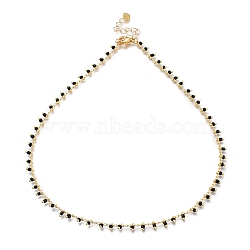 Brass Glass Beaded   Necklaces, with 304 Stainless Steel Heart Charms, Lobster Claw Clasps, Golden, Black, 15.86 inch(40.3cm)(X-NJEW-JN03135-03)