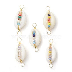 Natural Cowrie Shell & Faceted Glass Connetctor Charms, with Copper Double Loops, Real 18K Gold Plated, Mixed Color, 32~35.8x13.5~14.5x9~10mm, Hole: 3.5~4mm(PALLOY-JF02664-02)