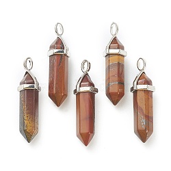 Natural Tiger Iron Pointed Pendants, with Platinum Tone Brass Findings, Bullet, 39.5x12x11.5mm, Hole: 4.5x2.8mm(X-G-M378-01P-A30)