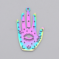 Ion Plating(IP) 304 Stainless Steel Pendants, Laser Cut, Palm with Eye, Rainbow Color, 30x18x1mm, Hole: 1.6mm(STAS-T056-LA471)