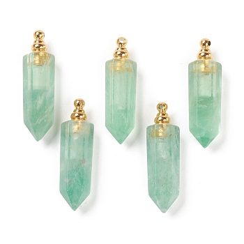 Faceted Natural Fluorite Pendants, Openable Perfume Bottle, with Golden Tone Brass Findings, Bullet, 46~47x13~14x11~12mm, Hole: 4.5mm, capacity: 1ml(0.03 fl. oz)