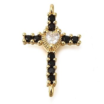 Brass Pave Black & Clear Cubic Zirconia Connector Charms, Religion Heart Cross Links, Real 16K Gold Plated, 21.5x13x5mm, Hole: 1mm