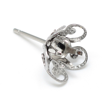 304 Stainless Steel Stud Earring Settings, Flower, Stainless Steel Color, Tray: 4mm, 10mm, pin: 0.8mm