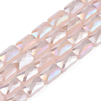 Electroplate Opaque Solid Color Glass Beads Strands, AB Color Plated, Faceted, Rectangle, Misty Rose, 7x4x3mm, Hole: 1mm, about 79~80pcs/strand, 20.47 inch(52cm)