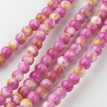 Natural White Jade Bead Strands, Round, Dyed, Hot Pink, 4mm, Hole: 1mm, about 104pcs/strand, 15.7 inch(400mm)