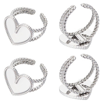 6Pcs Heart 304 Stainless Steel Open Cuff Ring Findings, Bezel Cup Ring Settings for Enamel, Stainless Steel Color, Tray: 16x16mm, US Size 7 1/4(17.5mm)