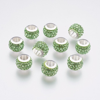 304 Stainless Steel European Beads, with Polymer Clay Rhinestone, Large Hole Beads, Rondelle, Peridot, 11x7.5mm, Hole: 5mm