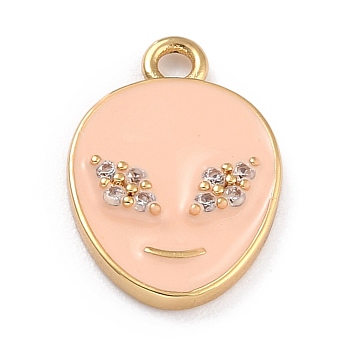 Golden Plated Brass Micro Pave Clear Cubic Zirconia Pendants, with Enamel, Long-Lasting Plated, Extra-terrestrial, PeachPuff, 17x11.5x2mm, Hole: 1.6mm