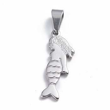 201 Stainless Steel Pendants, Mermaid, Stainless Steel Color, 26x9.5x1.5mm, Hole: 3.5x7mm
