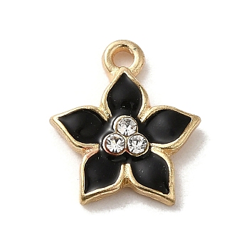 Flower Alloy Enamel Pendants, with Rhinestone, Light Gold, Black, 13.5x12.5x2.5mm, Hole: 1.4mm