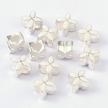 Alloy Enamel European Beads, Large Hole Beads, Flower, Silver Color Plated, White, 10x10x8mm, Hole: 5mm