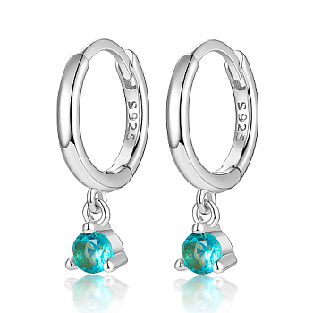 Rhodium Plated Platinum 925 Sterling Silver Hoop Earrings, with Cubic Zirconia Diamond Charms, with S925 Stamp, Cyan, 17mm