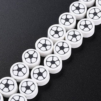 Handmade Polymer Clay Bead Strands, Flat Round with Football, White, 8~9x4~5mm, Hole: 1.2~1.4mm, about 40~41pcs/strand, 13.62 inch~13.86 inch(34.6cm~35.2cm)