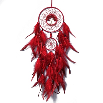 Iron & Glass Chips Pendant Hanging Decoration, Woven Net/Web with Feather Wall Hanging Wall Decor, Red, 730mm