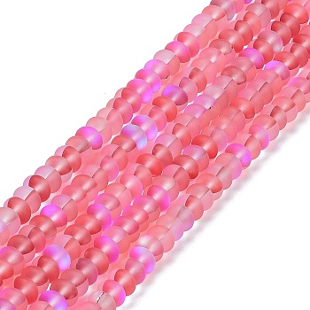 Frosted Transparent Glass Beads Strands, Rondelle, Hot Pink, 8x5mm, Hole: 1mm, about 75pcs/strand, 14.96''(38cm)