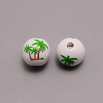Spray Painted Natural Wood Beads, Round with Green Coconut Tree Pattem, White, 15.5mm, Hole: 3.5mm