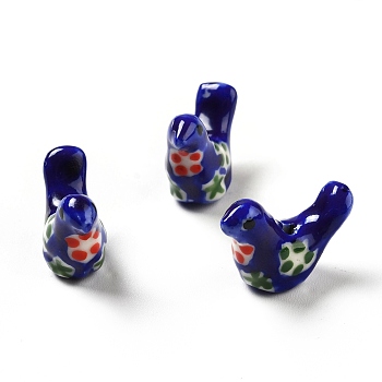 Handmade Printed Porcelain Beads, Pigeon, Blue, 12.5~13x17~19x7~8.5mm, Hole: 1.5mm