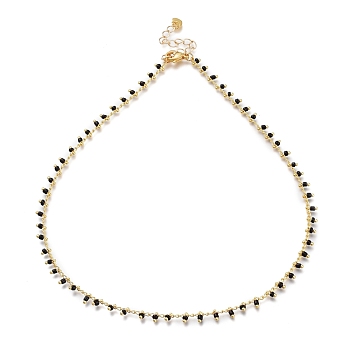Brass Glass Beaded   Necklaces, with 304 Stainless Steel Heart Charms, Lobster Claw Clasps, Golden, Black, 15.86 inch(40.3cm)