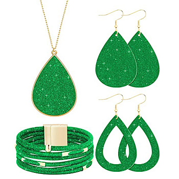 Textured Imitation Leather Teardrop Pendant Necklace & Dangle Earrings & Multi-Strand Bracelet, Golden Alloy Jewelry Set for Women, Lime Green, 850mm, 78x37mm, 80x39mm, 192mm In Diameter