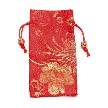Polyester Pouches, Drawstring Bag, with Wood Beads, Rectangle with Floral Pattern, Red, 16~17x7.8~8x0.35cm