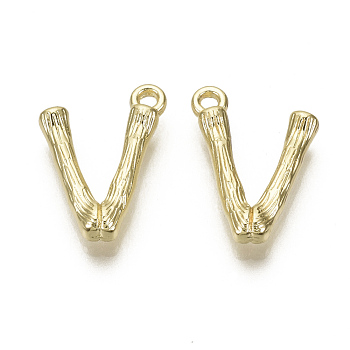 Alloy Pendants, Cadmium Free & Nickel Free & Lead Free, Bamboo Initial Letter, Real 18K Gold Plated, Letter.V, V:17x12x3mm, Hole: 1.5mm