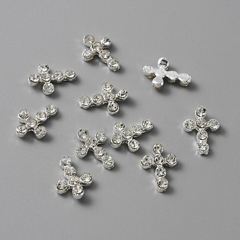 Zinc Alloy Rhinestone Cabochons, Nail Art Decoration Accessories, Cross, Silver, 12.5x9.5x2.5mm