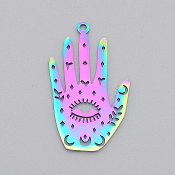 Ion Plating(IP) 201 Stainless Steel Pendants, Laser Cut, Palm with Eye, Rainbow Color, 30x18x1mm, Hole: 1.6mm