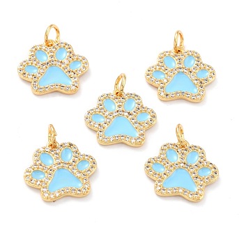 Real 18K Gold Plated Brass Micro Pave Cubic Zirconia Charms, with Jump Ring and Enamel, Long-Lasting Plated, Dog Paw Prints, Light Blue, 13.5x15x2mm, Jump Ring: 5x1mm, 3mm Inner Diameter