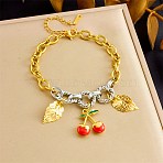 Duo Tone 304 Stainless Steel Enamel Red Cherry Leaf Charm Bracelets for Women, Golden & Stainless Steel Color, 7.36 inch(18.7cm)(SA-CBA717A-05G)