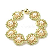 Shell Pearl Flower Link Bracelet, Glass Seed Braided Bracelet with Brass Magnetic Clasp for Women, Golden, Green Yellow, 7-1/2 inch(19cm)(BJEW-JB08084-03)