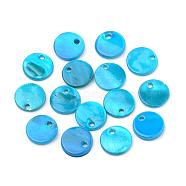 Spray Paint Freshwater Shell Charms, Flat Round, Deep Sky Blue, 12~13x2mm, Hole: 1.5mm(SHEL-Q014A-005)