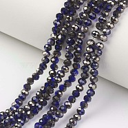 Electroplate Transparent Glass Beads Strands, Half Black Plated, Faceted, Rondelle, Marine Blue, 6x5mm, Hole: 1mm, about 85~88pcs/strand, 16.1~16.5 inch(41~42cm)(EGLA-A034-T6mm-P13)