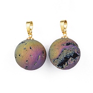 Electroplate Natural Druzy Geode Agate Pendants, with Brass Findings, Round, Golden, Multi-color Plated, 23.5x20~20.5mm, Hole: 4.5x7mm(G-L479-38A-G)