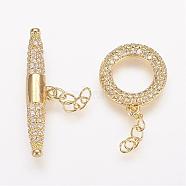 Brass Micro Pave Cubic Zirconia Ring Toggle Clasps, Golden, Ring: 15x13x2mm, Bar: 6x27x4mm.(ZIRC-P050-11G)