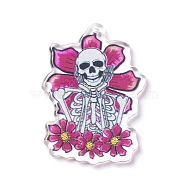 Halloween Printed Acrylic Pendants, Skeleton with Flower Charm, Hot Pink, 42.5x30x2.5mm, Hole: 1.8mm(MACR-C016-06)