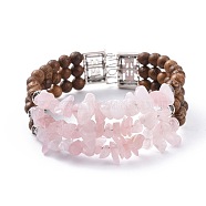 Three Loops Natural Rose Quartz Chip Beads Wrap Bracelets, with Wood Beads, Alloy Findings and Steel Bracelet Memory Wire, 2-1/8 inch(5.4cm)(BJEW-JB04657-02)