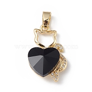 Real 18K Gold Plated Rack Plating Brass Micro Pave Clear Cubic Zirconia Pendants, with Glass, Long-Lasting Plated, Cadmium Free & Lead Free, Cat with Heart Charm, Black, 24x15x8mm, Hole: 5x3mm(KK-C015-04G-09)
