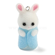 Flocking Resin Cute Pendants, Rabbit Charms with Platinum Plated Iron Loops, Light Sky Blue, 38x17x15mm, Hole: 2mm(RESI-L043-04P-01)