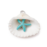 Summer Beach Natural Shell Pendants, Dyed Synthetical Turquoise Star Charms, Platinum, Dark Turquoise, 25~30x27~35x12~15mm, Hole: 4~4.5mm(PALLOY-JF02649-02)