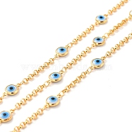 Handmade Brass Rolo Chains, with Enamel, Real 18K Gold Plated, Unwelded, Flat Round with Evil Eye, with Spool, Deep Sky Blue, Link: 11.5x6.5x2.5mm, 3x1mm(CHC-C020-02G-NR)