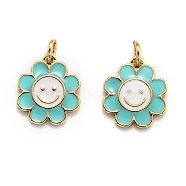 Brass Enamel Charms, Real 18K Gold Plated, Long-Lasting Plated, Flower, Medium Turquoise, 14.5x13x1.5mm, Hole: 3mm(KK-O135-01E)