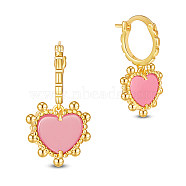 SHEGRACE Brass Hoop Earrings, with Natural Agate, Heart, Real 18K Gold Plated, Pink, 28mm(JE833A)