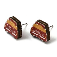 Wood Stud Earrings, with 316 Surgical Stainless Steel Pin, Thanksgiving Theme, Silver, Dark Red, Car, 12.5x15mm(EJEW-Z054-01J)