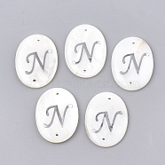 Freshwater Shell Links connectors, with Brass Findings, Oval with Letter, Letter.N, 25.5x19x3mm, Hole: 1.2mm(SHEL-S274-23N-P)