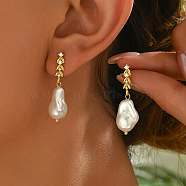 Elegant Brass Dangle Stud Earrings, Golden, with Imitation Pearl, Leaf, 35x13mm(KS8037-3)