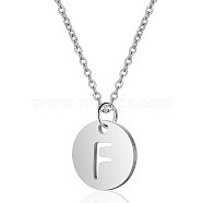 201 Stainless Steel Initial Pendants Necklaces, with Cable Chains, Flat Round with Letter, Stainless Steel Color, Letter.F, 16.3 inch(40cm), 1mm(NJEW-S069-TN507-F)
