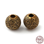 925 Sterling Silver Beads, Textured Round, Antique Golden, 4mm, Hole: 1.8mm(STER-M113-27A-AG)