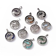 Natural & Synthetic Mixed Gemstone Pendants, Flat Round Charms with Rack Plating Antique Silver Tone Brass Dragon, Cadmium Free & Lead Free, Mixed Dyed and Undyed, 32x28x7.5mm, Hole: 8.5x5mm(G-H281-05)