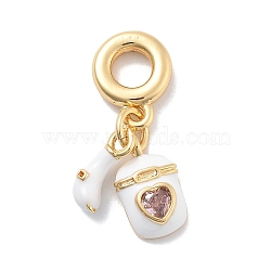 Brass White Enamel Bag European Dangle Charms, Large Hole Pendants with Cubic Zirconia, Real 18K Gold Plated, 28.5mm, Hole: 4.5mm(KK-M305-03G)