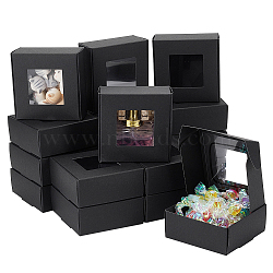Paper Gift Storage Box, with PVC Visible Window, for Mini Cake Jewelry Gift Storage, Square, Black, 8.5x8.5x3.5cm(CON-WH0001-27A-02)